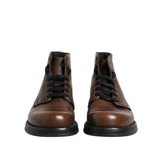 Dolce & Gabbana Brown Leather Lace Up Men Ankle Boots Shoes