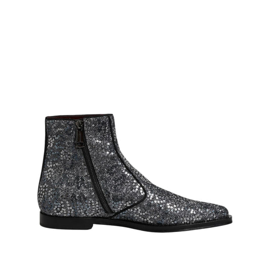 Dolce & Gabbana Dark Gray Cotton Sequined Chelsea Boots Shoes MV7604-41