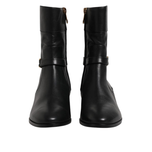 Dolce & Gabbana Black Leather Flats Logo Short Boots Shoes LA12715-37.5