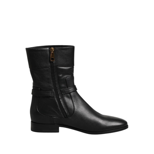 Dolce & Gabbana Black Leather Flats Logo Short Boots Shoes LA12715-37.5