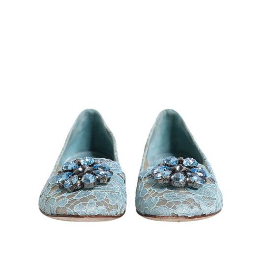 Dolce & Gabbana Blue Lace Crystal Ballet Flats Loafers Shoes LA12717-37