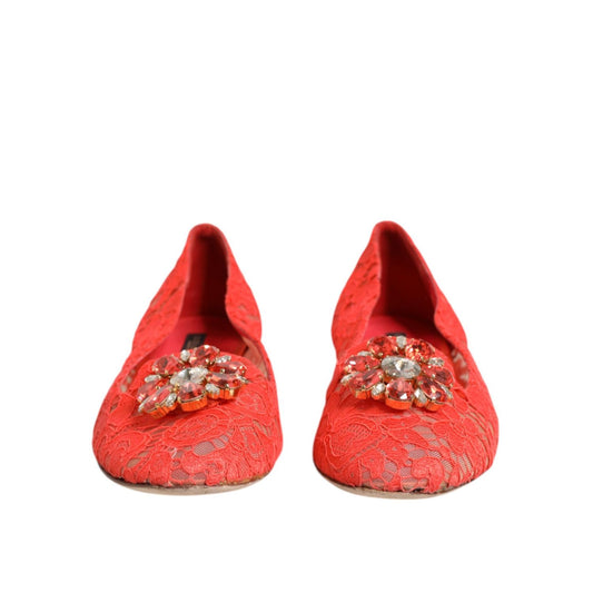 Dolce & Gabbana Orange Lace Crystal Ballet Flats Loafers Shoes