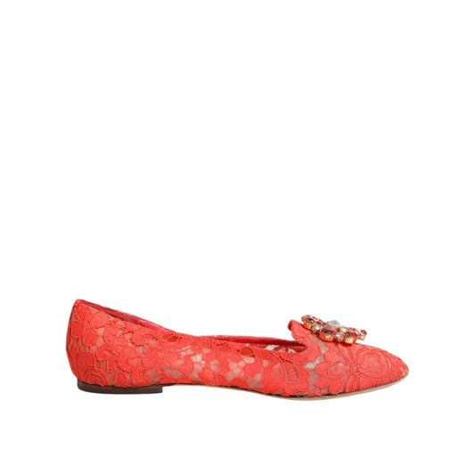 Dolce & Gabbana Orange Lace Crystal Ballet Flats Loafers Shoes