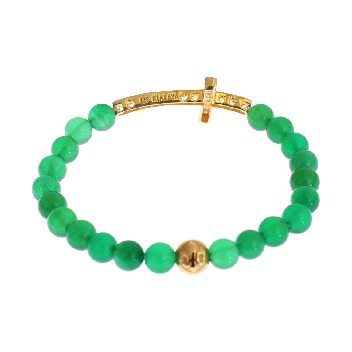 Nialaya Jade Stone Gold CZ Cross 925 Silver Bracelet
