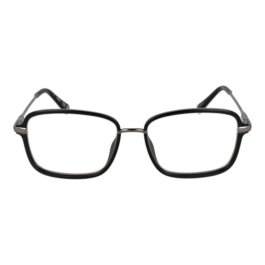 Guess Black Men Glasses Frame in stainless steel, full-rim, rectangle style with demo lenses, black color, 145mm temples, includes branded case.