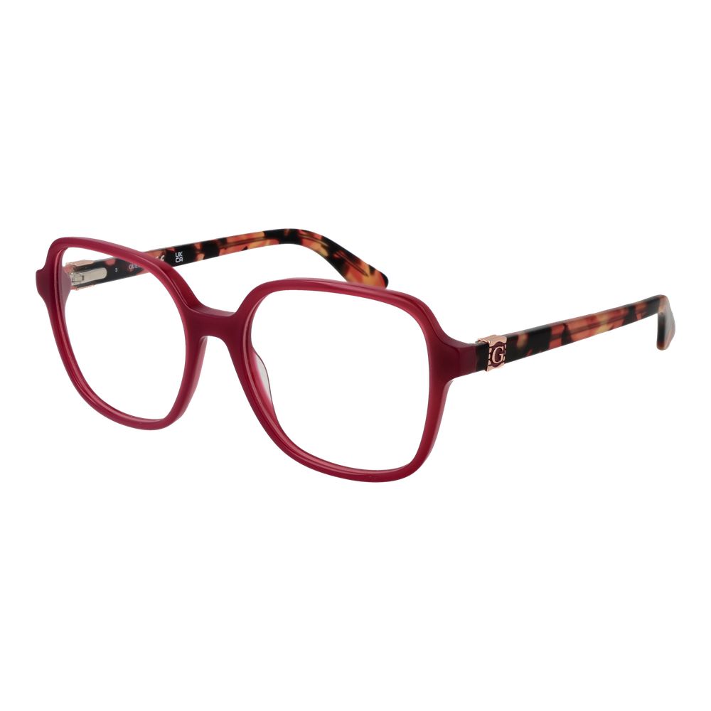 Guess Purple Women Glasses Frame in acetate with full-rim square style, featuring 53mm lenses, 140mm temples, and spring hinge.