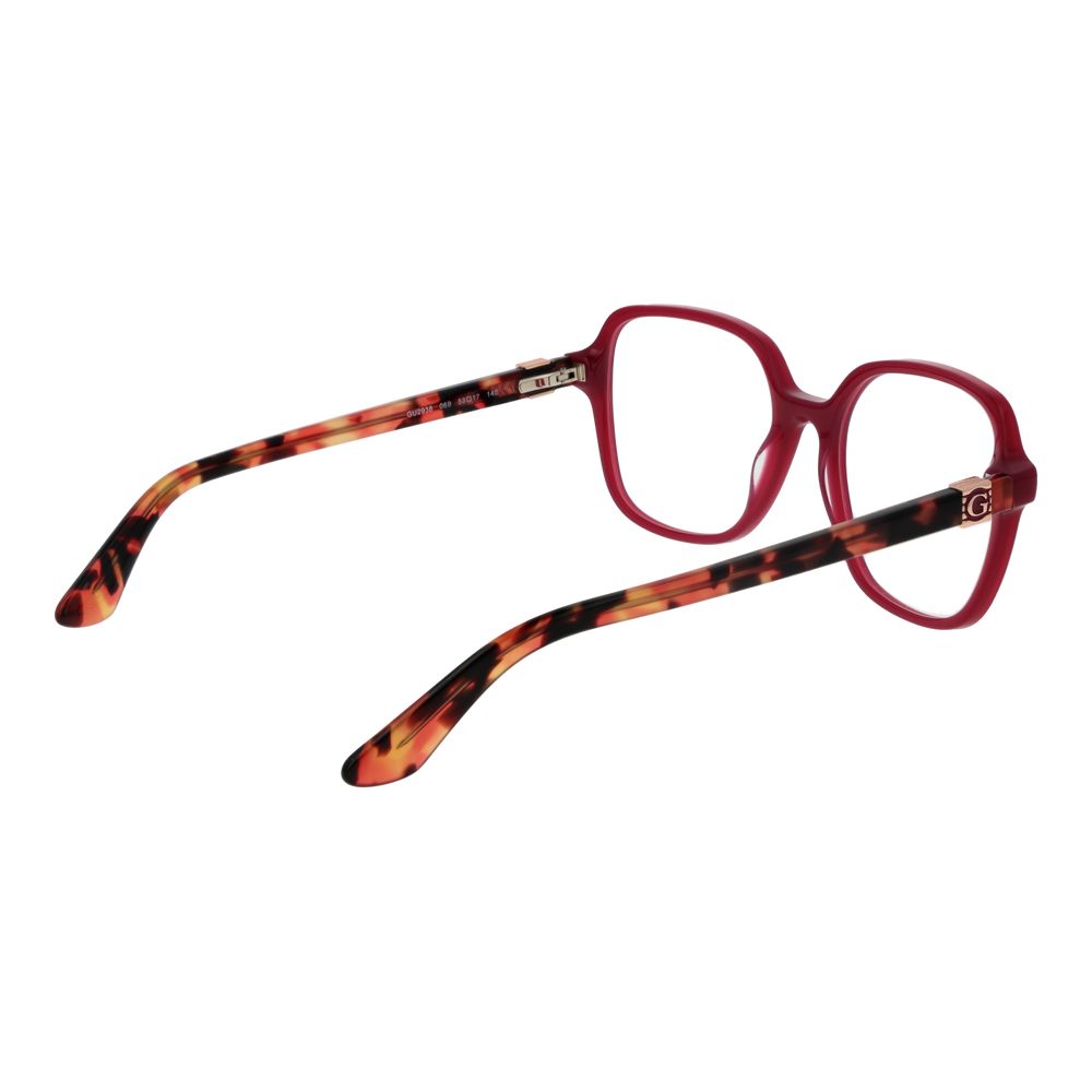 Guess Purple Women Glasses Frame, full-rim square style with acetate material, demo lenses, spring hinge, and tortoiseshell temples.