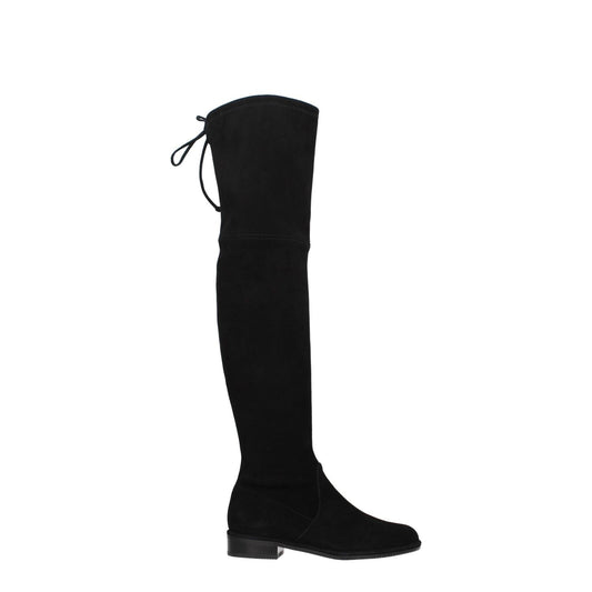 Stuart Weitzman Black Leather Over The Knee boots with suede material, self-tie closures, and low flat heel, side view image.