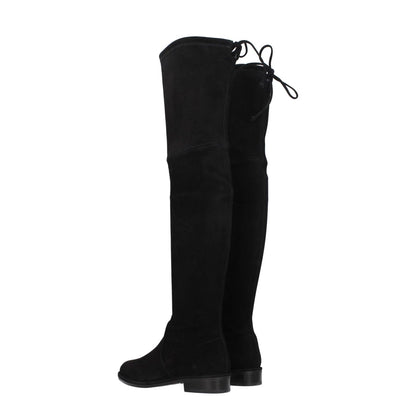 Stuart Weitzman Black Leather Over The Knee boots, suede with rubber sole, round toe, low flat heel, casual style, self-tie closure.