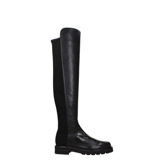 Stuart Weitzman Black Leather Over The Knee boot with aged effect, rubber sole, mid heel, and round toe for casual style.