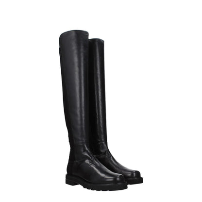 Stuart Weitzman Black Leather Over The Knee boots with round toe, mid heel, and rubber sole, featuring aged effect leather.