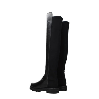 Stuart Weitzman Black Leather Over The Knee boots with aged effect and mid heels, casual style with rubber soles and round toe.