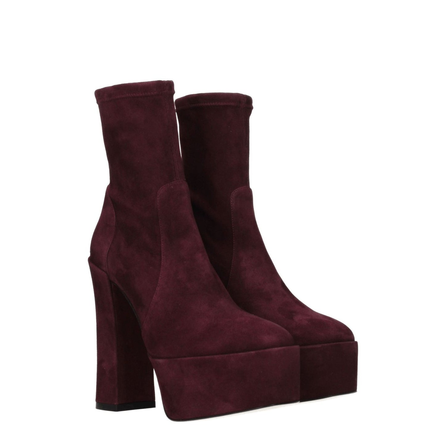 Stuart Weitzman Purple Leather Ankle Boots with high heel, suede finish in violet, and round toe design.