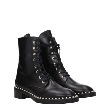 Stuart Weitzman Black Leather Ankle Boots with beaded details, lace-up closure, mid heels, and rubber sole.