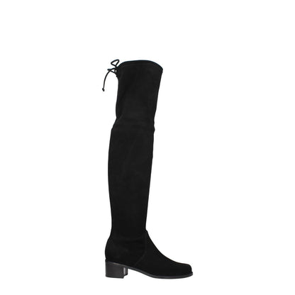 Stuart Weitzman Black Leather Over The Knee Boots with mid heels and rubber sole, featuring aged and vintage effect.