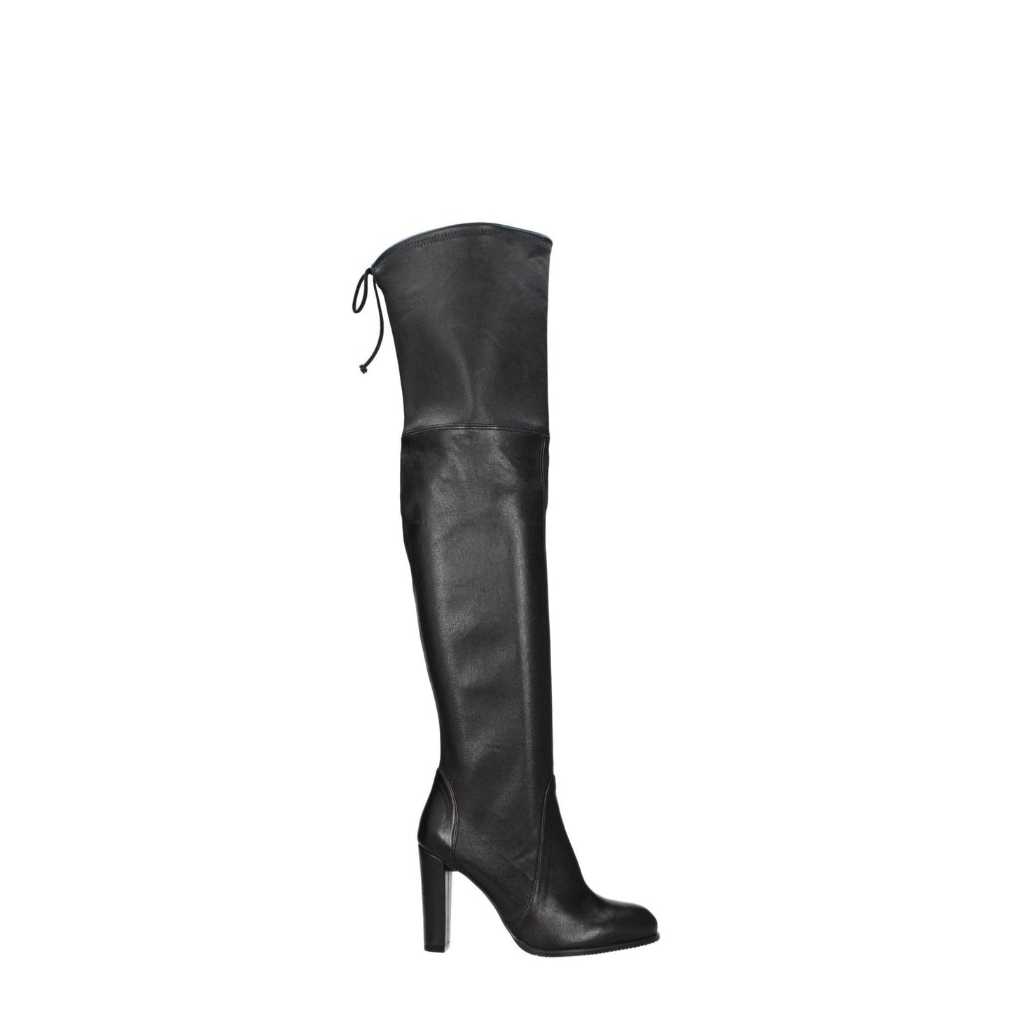 Stuart Weitzman Black Leather Over The Knee boots with aged vintage effect, drawstring closure, high heel, round toe, rubber sole.