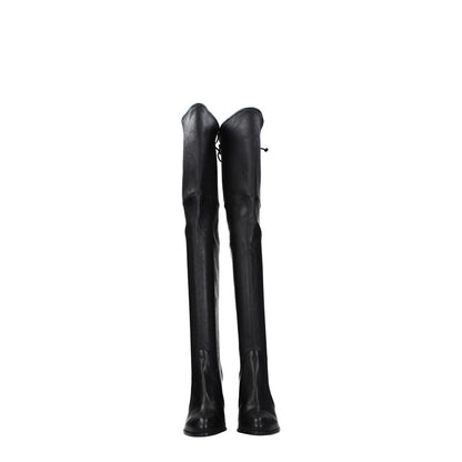 Stuart Weitzman Black Leather Over The Knee boots with round toe, high heel, and drawstring closure, featuring aged leather effect.