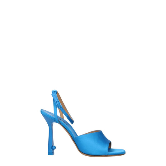 Off-White Blue Satin Stiletto Heel Sandals with buckle closure and leather sole, side view.