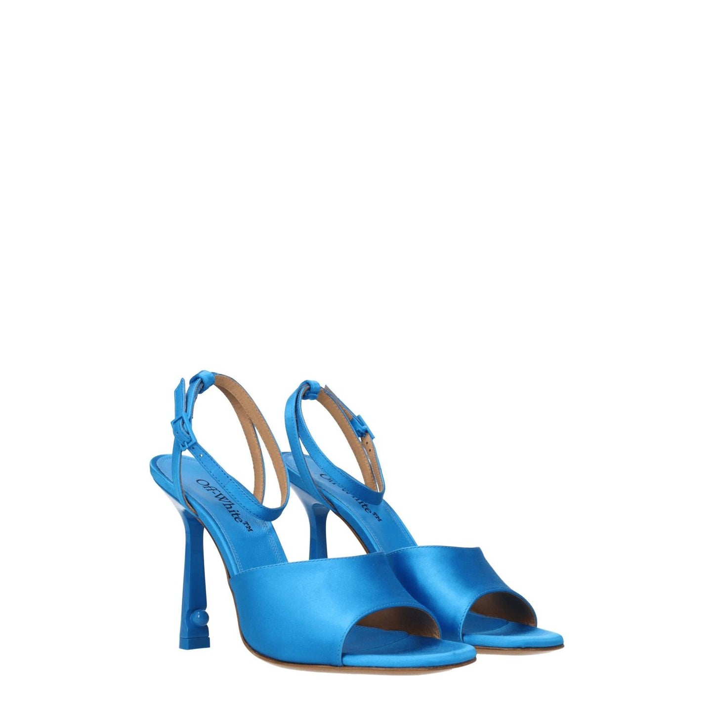 Off-White Blue Satin Stiletto Heel Sandals, open toe with buckle closure and leather sole, high 10.5 cm heels, casual style footwear.