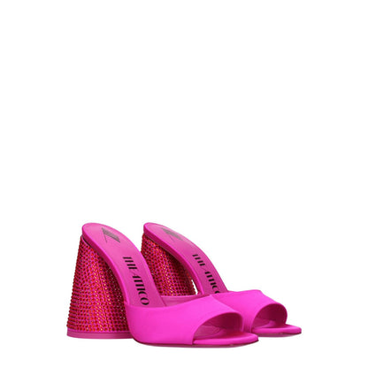 The Attico Pink Satin Platform Sandals with rhinestones, featuring high heels, leather sole, and open toe in fuchsia and red accents.