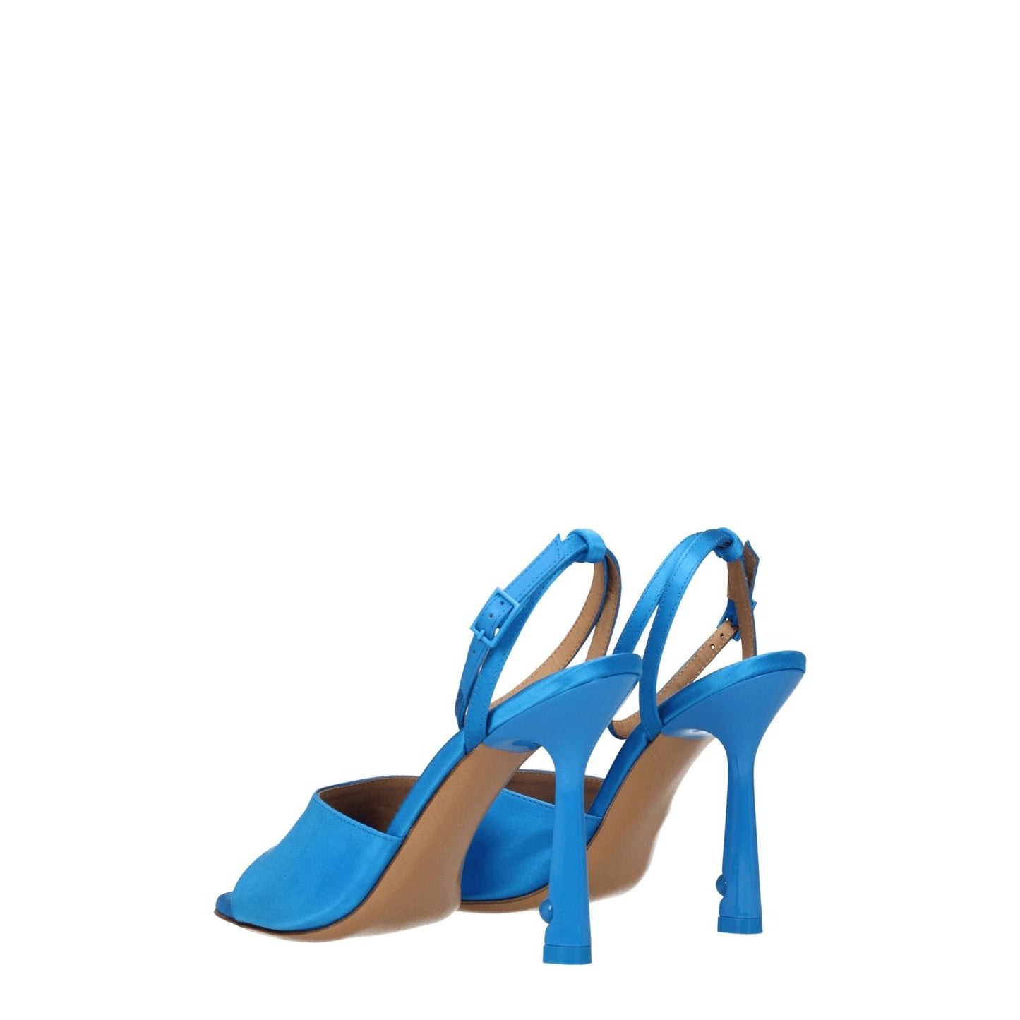 Off-White Blue Satin Stiletto Heel Sandals with buckle closure and open toe design, featuring high heel in sea blue color, leather sole.