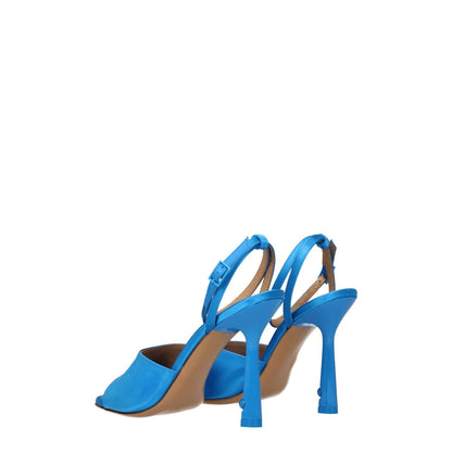 Off-White Blue Satin Stiletto Heel Sandals with buckle closure and open toe design, featuring high heel in sea blue color, leather sole.
