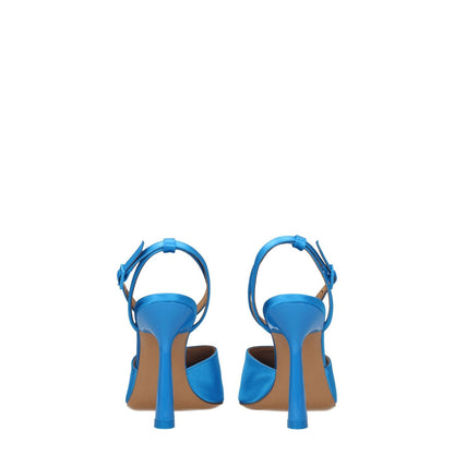 Off-White Blue Satin Stiletto Heel Sandals with buckle closure and leather sole, back view showcasing high heel design.