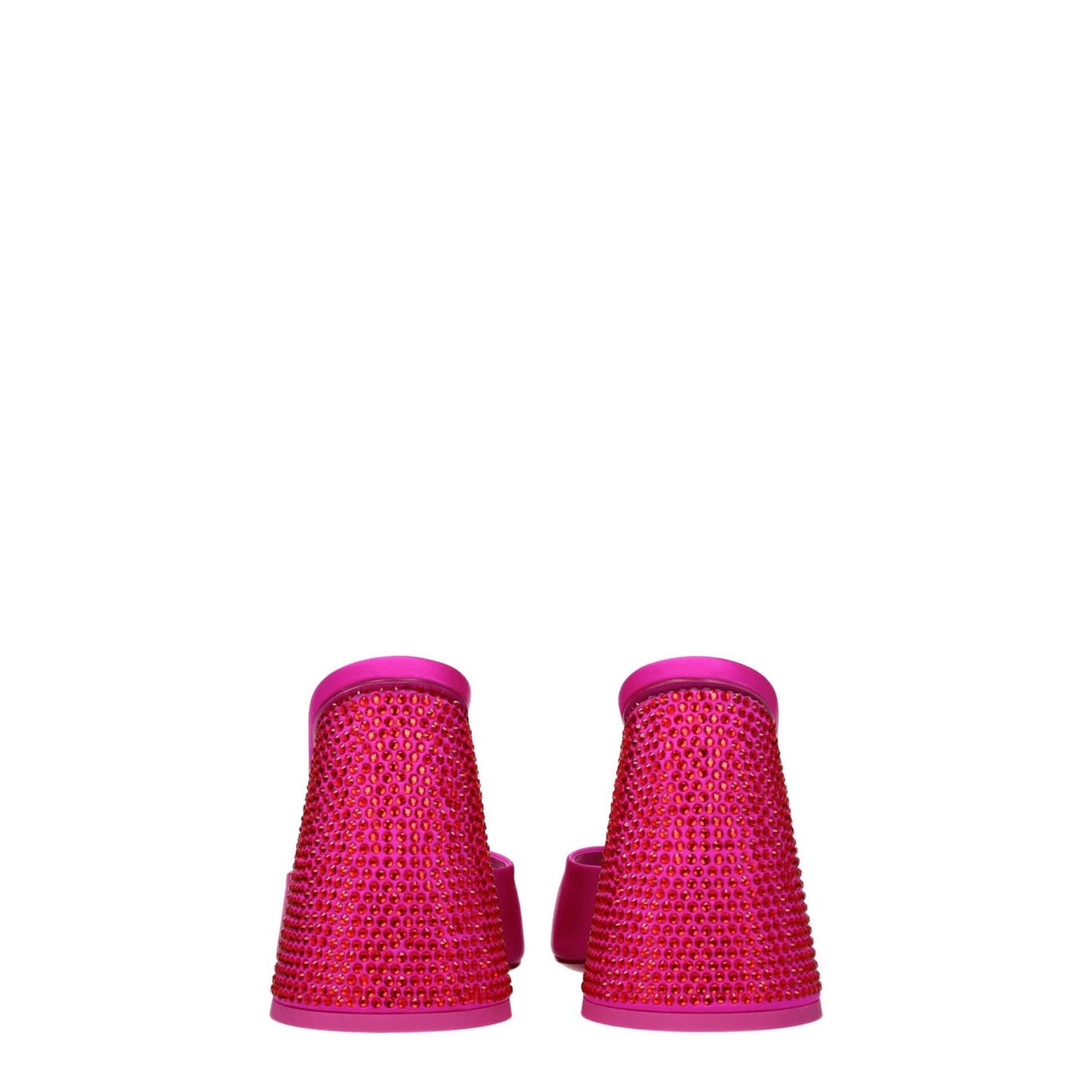 The Attico Pink Satin Platform Sandals with rhinestones, featuring an open toe and high heel, view from the back.