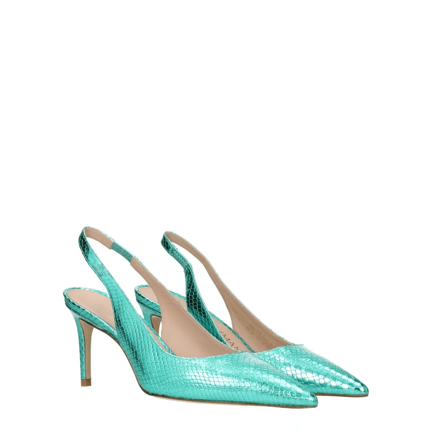 Stuart Weitzman Green Leather High Heel Pumps, suede snake print, 7.5 cm heel, pointy toe, stylish, leather sole, slingback style