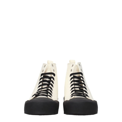 Jil Sander Beige Fabric High Top Sneakers with black accents and lace-up closure, featuring a sporty glam style and rubber sole.