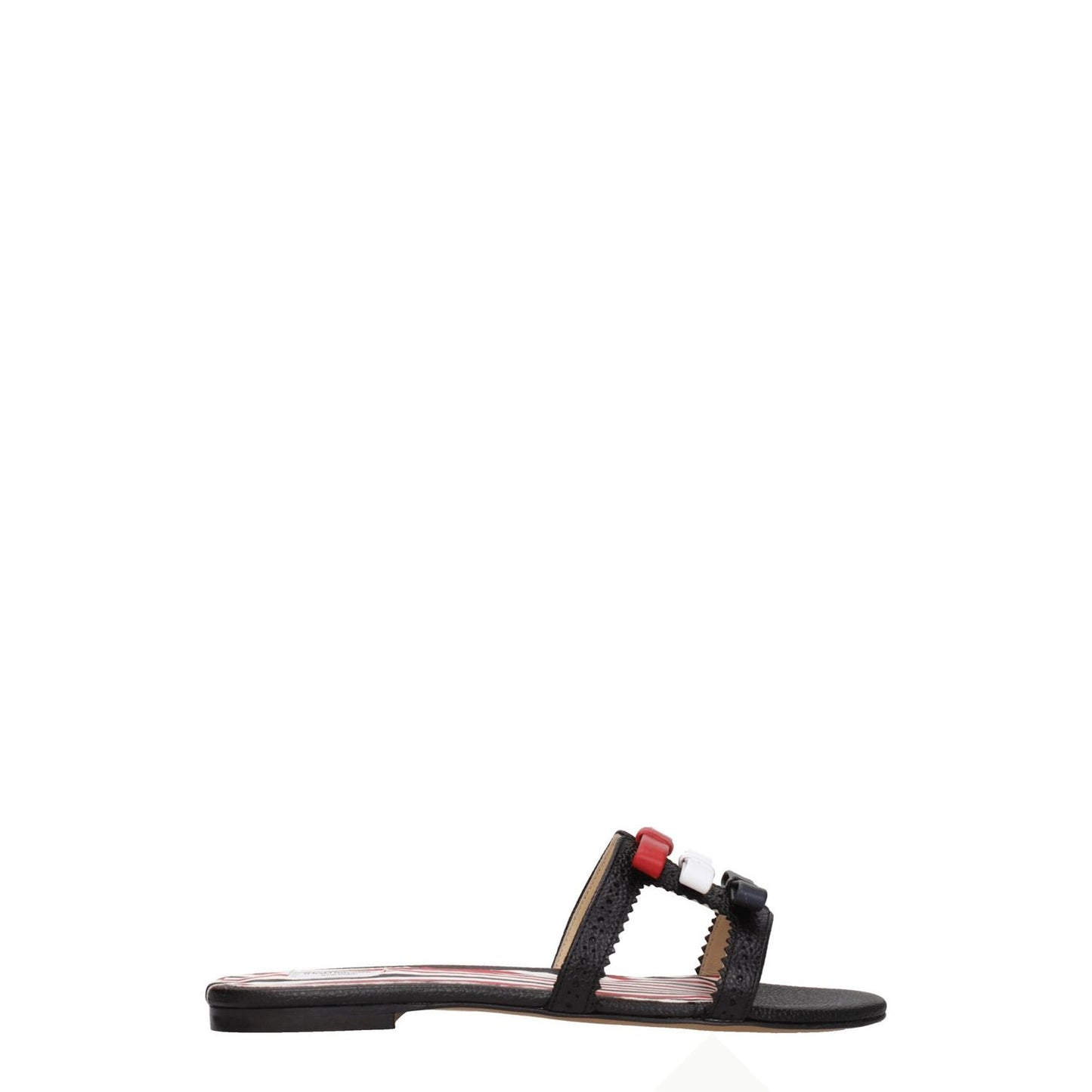 Thom Browne Black Leather Slippers with open toe design and front detail, featuring a low and flat heel style, perfect for casual wear.