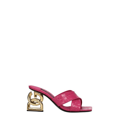 Dolce & Gabbana Pink Leather Platform Sandals with gold mid heels, open toe design, luxury casual footwear.