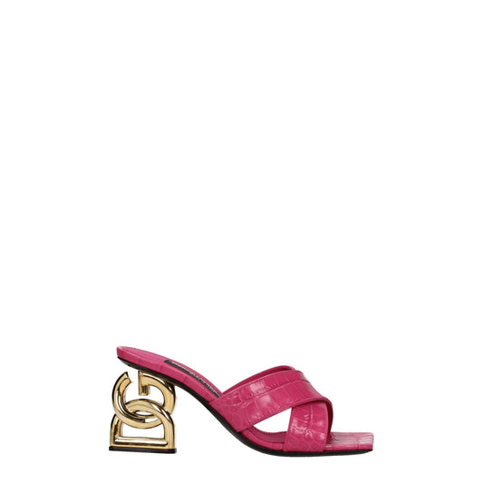 Dolce & Gabbana Pink Leather Platform Sandals with gold heel, open toe, casual style, cyclamen color, leather sole, 7.5 cm height