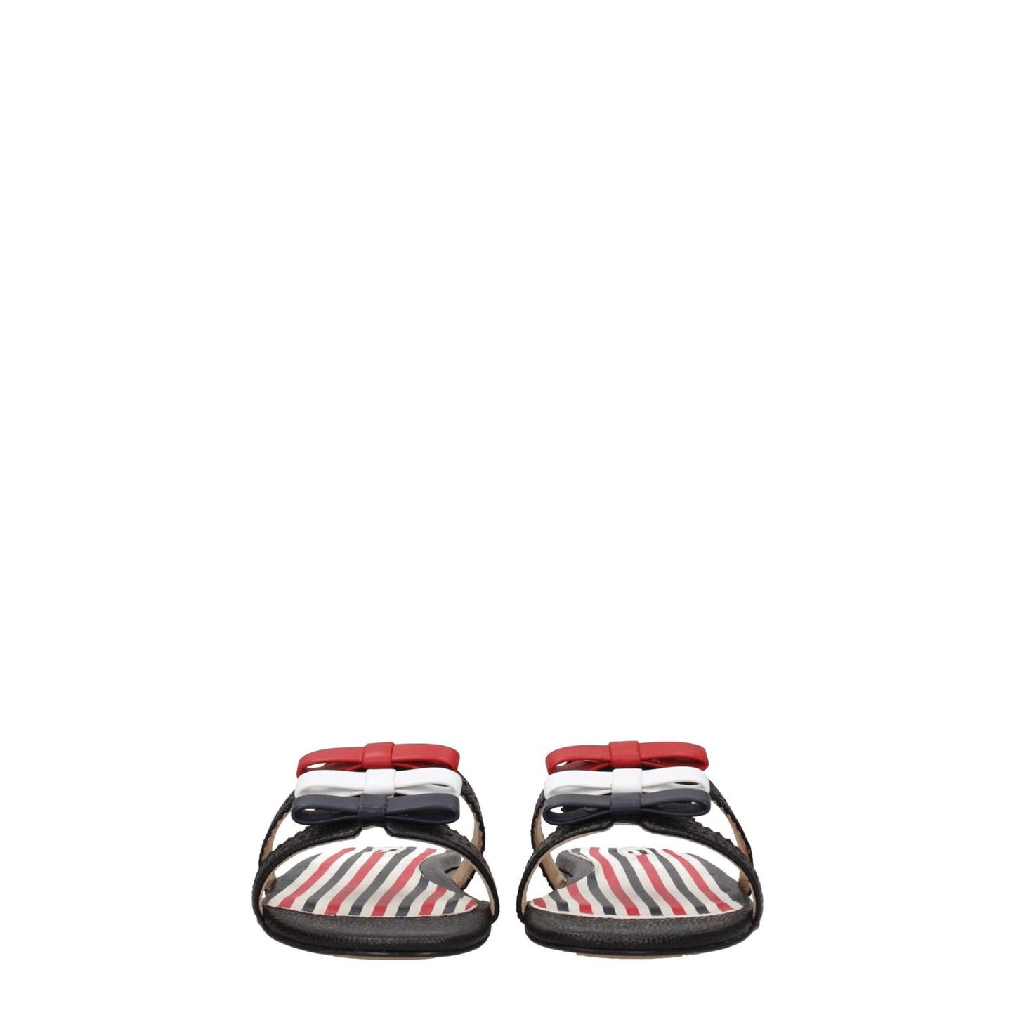 Thom Browne Black Leather Slippers with stripe pattern, front detail, open toe, and flat heel, perfect for casual style.