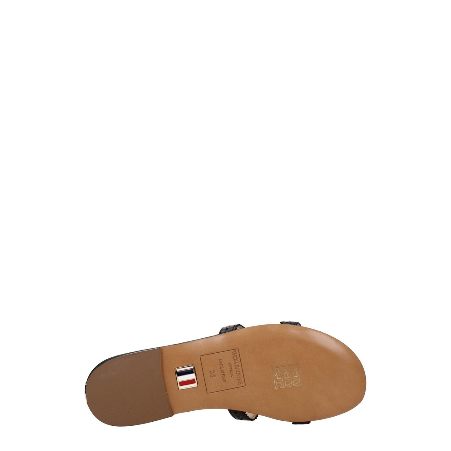 Sole view of Thom Browne Black Leather Slippers with open toe design, casual style, flat heel, and leather material, MPN FFF144A06257001.