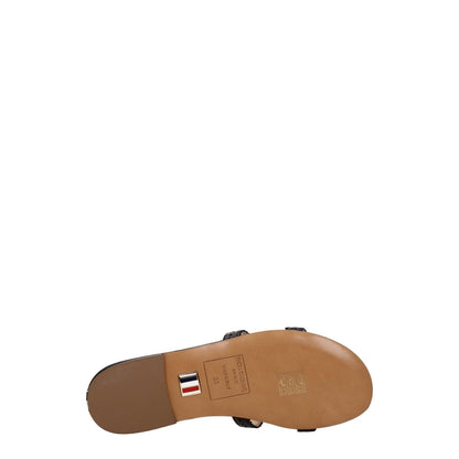 Sole view of Thom Browne Black Leather Slippers with open toe design, casual style, flat heel, and leather material, MPN FFF144A06257001.