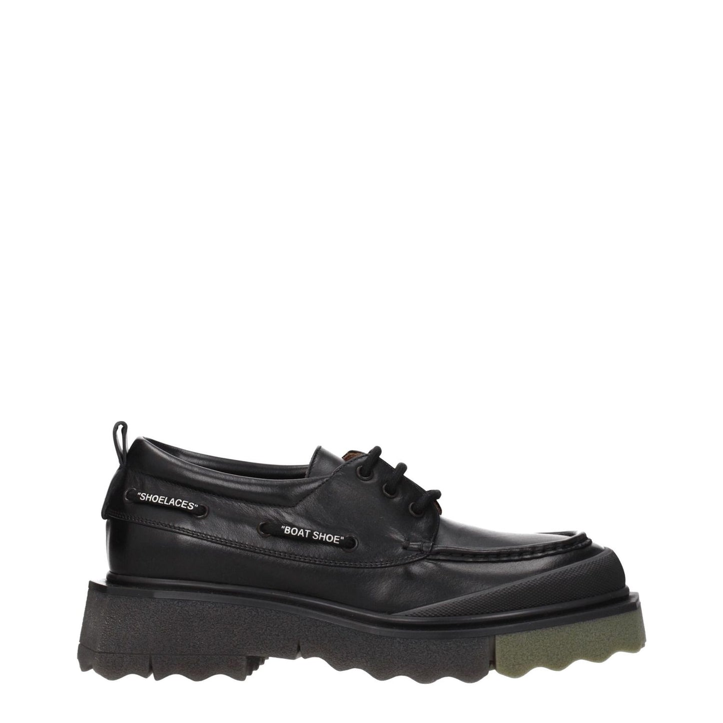 Off-White Black Leather Slip-On Loafers with vintage effect, lace up closure, rubber sole, military green accents, mid heels.