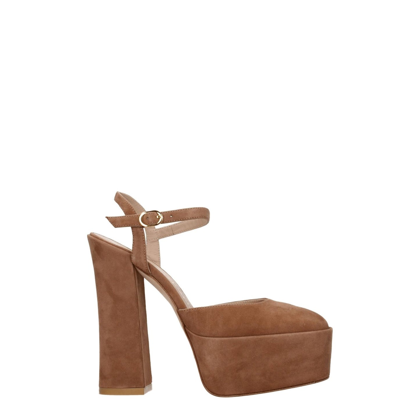 Stuart Weitzman Beige Leather Platform Sandals with high heel and buckle closure, casual style with suede upper and round toe.