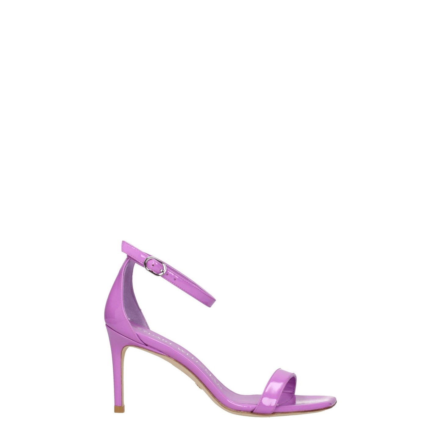 Stuart Weitzman Purple Leather Stiletto Heel Sandals with buckle closure in violet patent leather, featuring an open toe and mid heels.