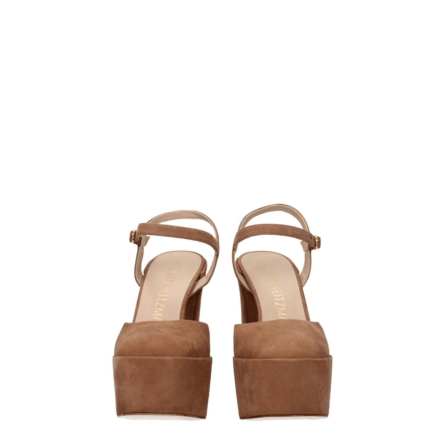 Stuart Weitzman Beige Leather Platform Sandals with high heel, buckle closure, and suede material, perfect for casual style.