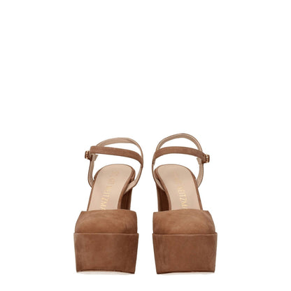 Stuart Weitzman Beige Leather Platform Sandals with high heel, buckle closure, and suede material, perfect for casual style.