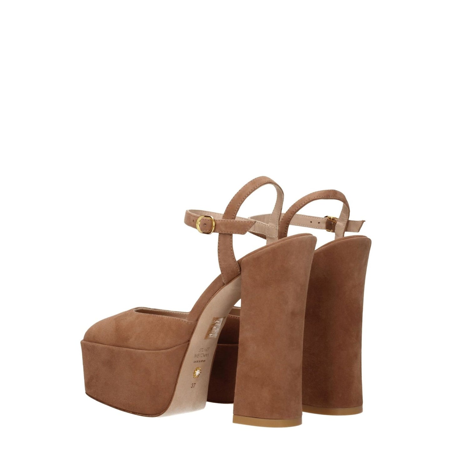Stuart Weitzman Beige Leather Platform Sandals with buckle closure and high heel, suede material, view of round toe and leather sole.