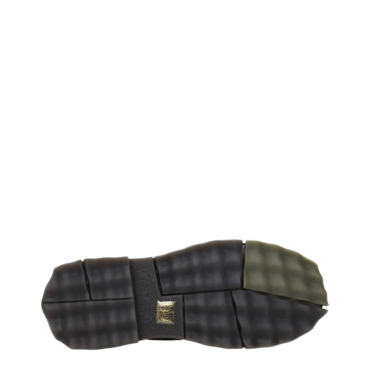Sole view of Off-White Black Leather Slip-On Loafers with rubber material and military green accents, showing unique tread design.