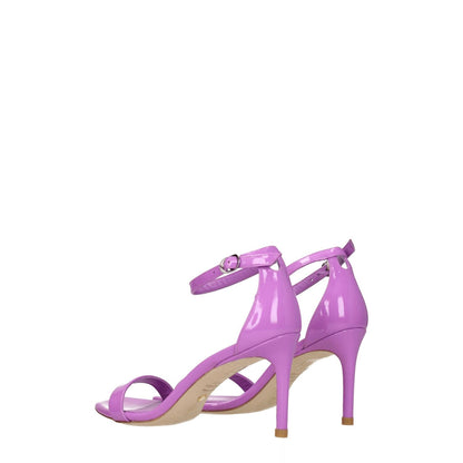 Stuart Weitzman Purple Leather Stiletto Heel Sandals with buckle closure and open toe design, featuring 8 cm mid heels in lilac.