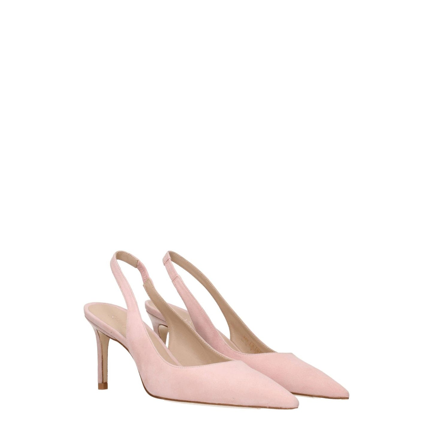 Stuart Weitzman Pink Leather Mid Heel Pumps with pointy toe and suede material, featuring slingback design and mid heels.