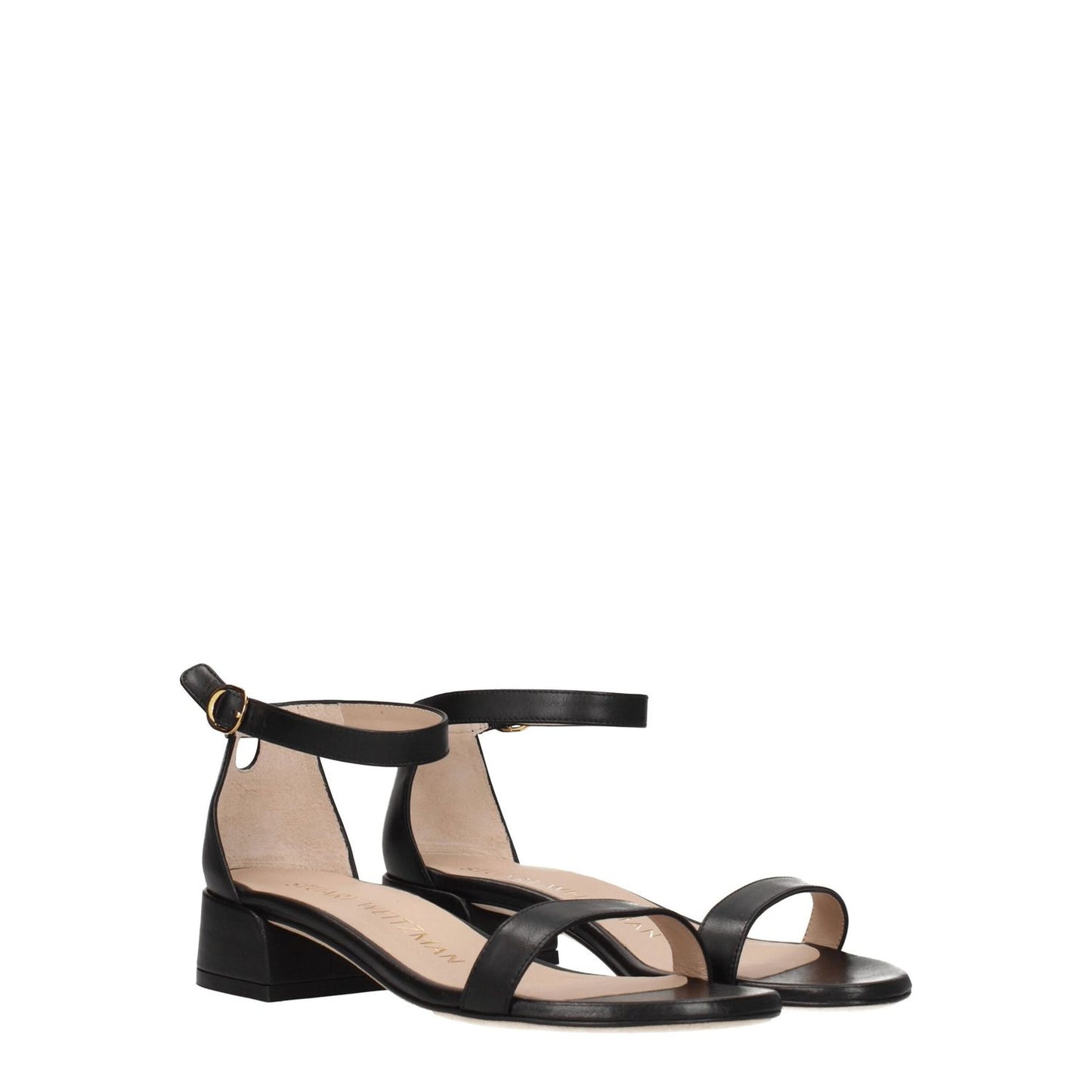 Stuart Weitzman Black Leather Flat Sandals with buckle closure and open toe, mid heels, casual style.