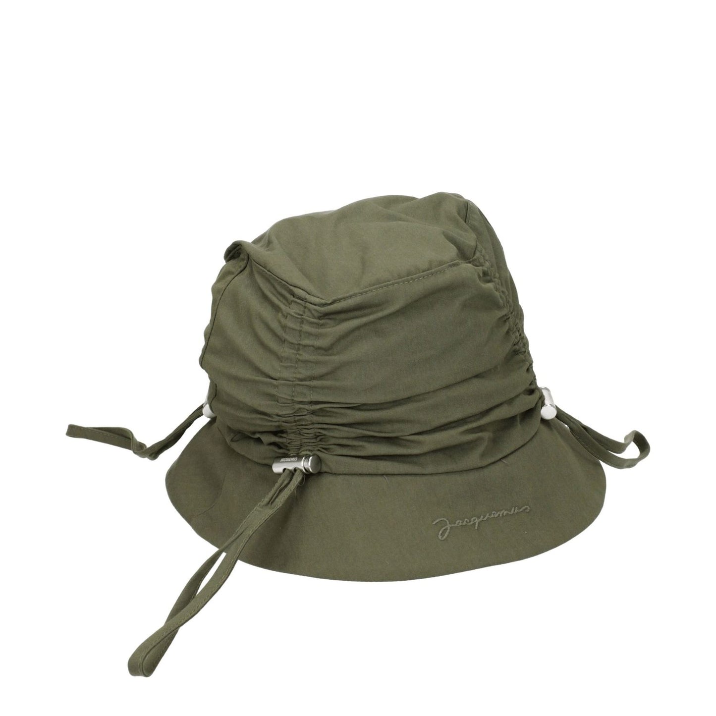 Jacquemus Green Cotton Bucket Hat with front logo and drawstrings, featuring a blend of cotton and polyamide, in a casual style.