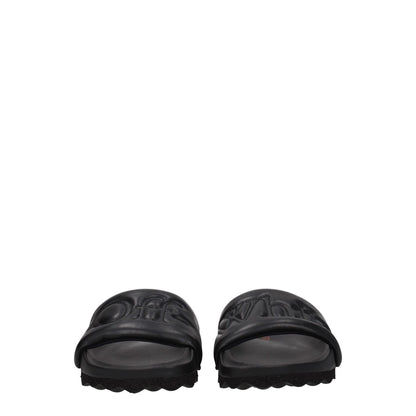 Off-White Black Leather Slippers featuring front logo, casual style, round toe, rubber sole, and low heel, MPN OMIT001LEA0011010.