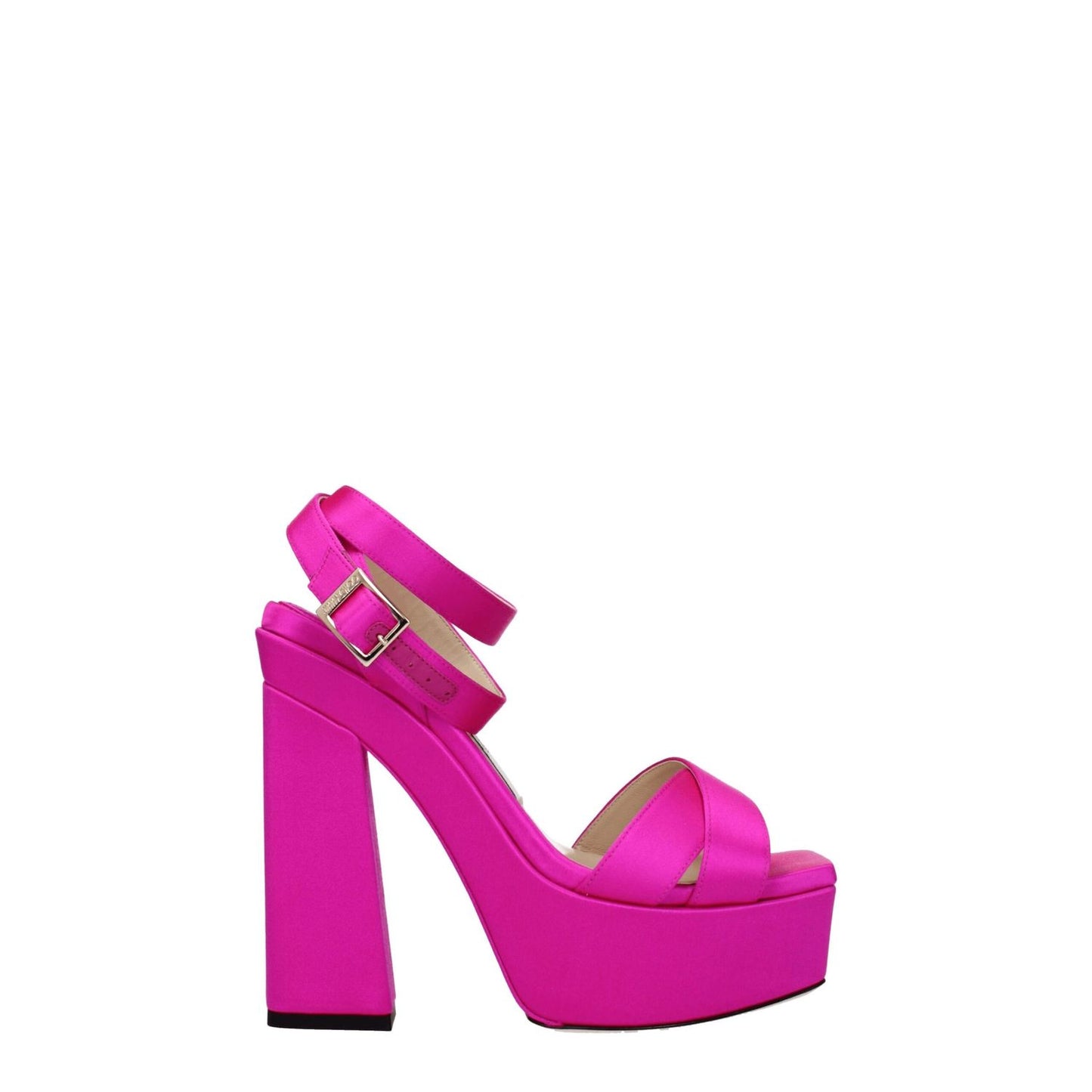 Jimmy Choo Pink Satin Platform Sandals with high heel and buckle closure in fuchsia.