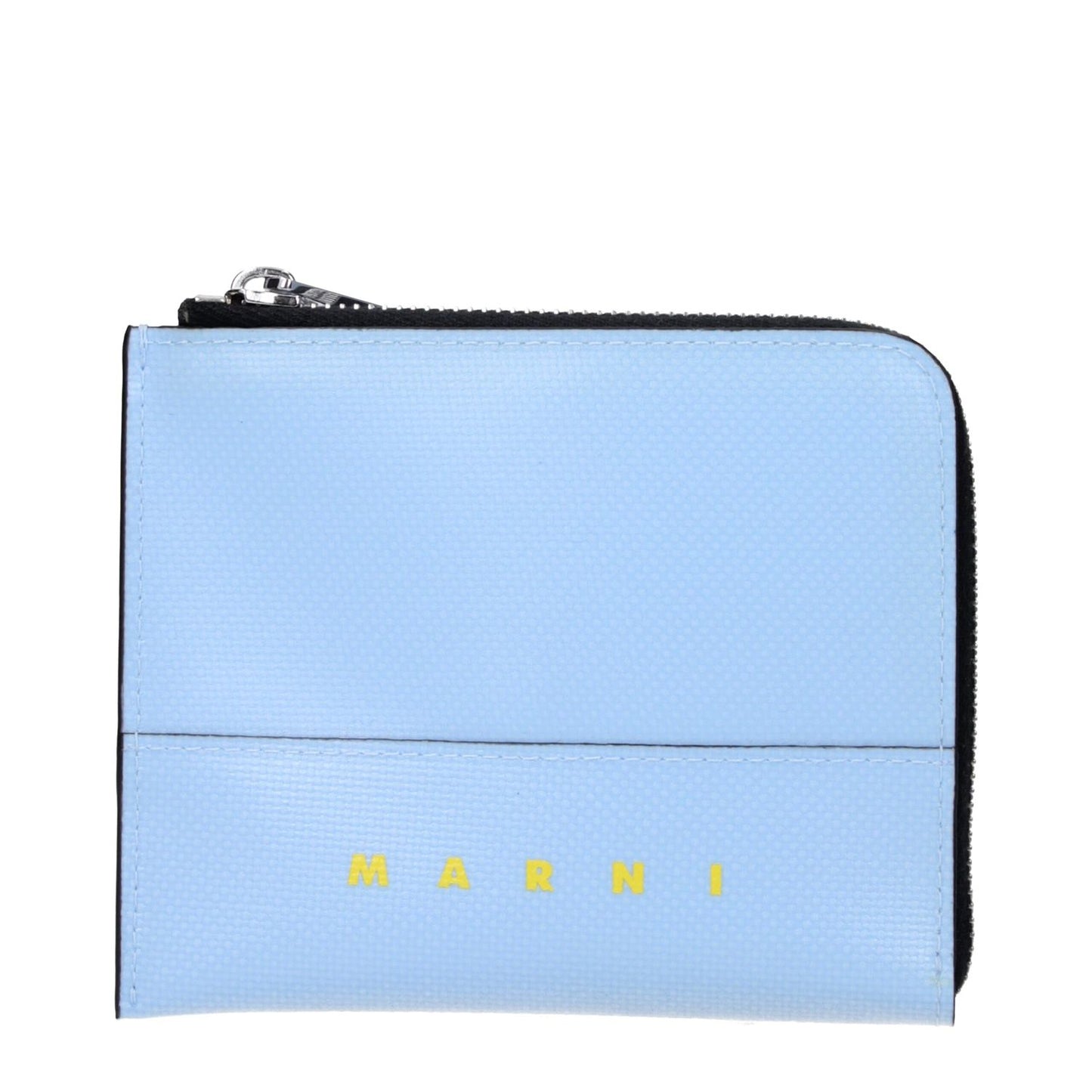 Marni Blue Polyethylene Wallet with silver accents and front logo, coin purse design, light blue color measurements 9.5×11.5 cm.